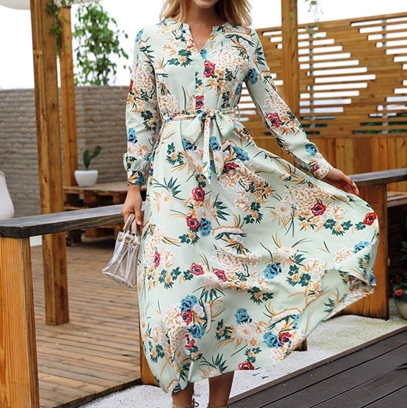 Dresses & Skirts - Green Floral Chiffon Long Sleeve Maxi Dress Belt